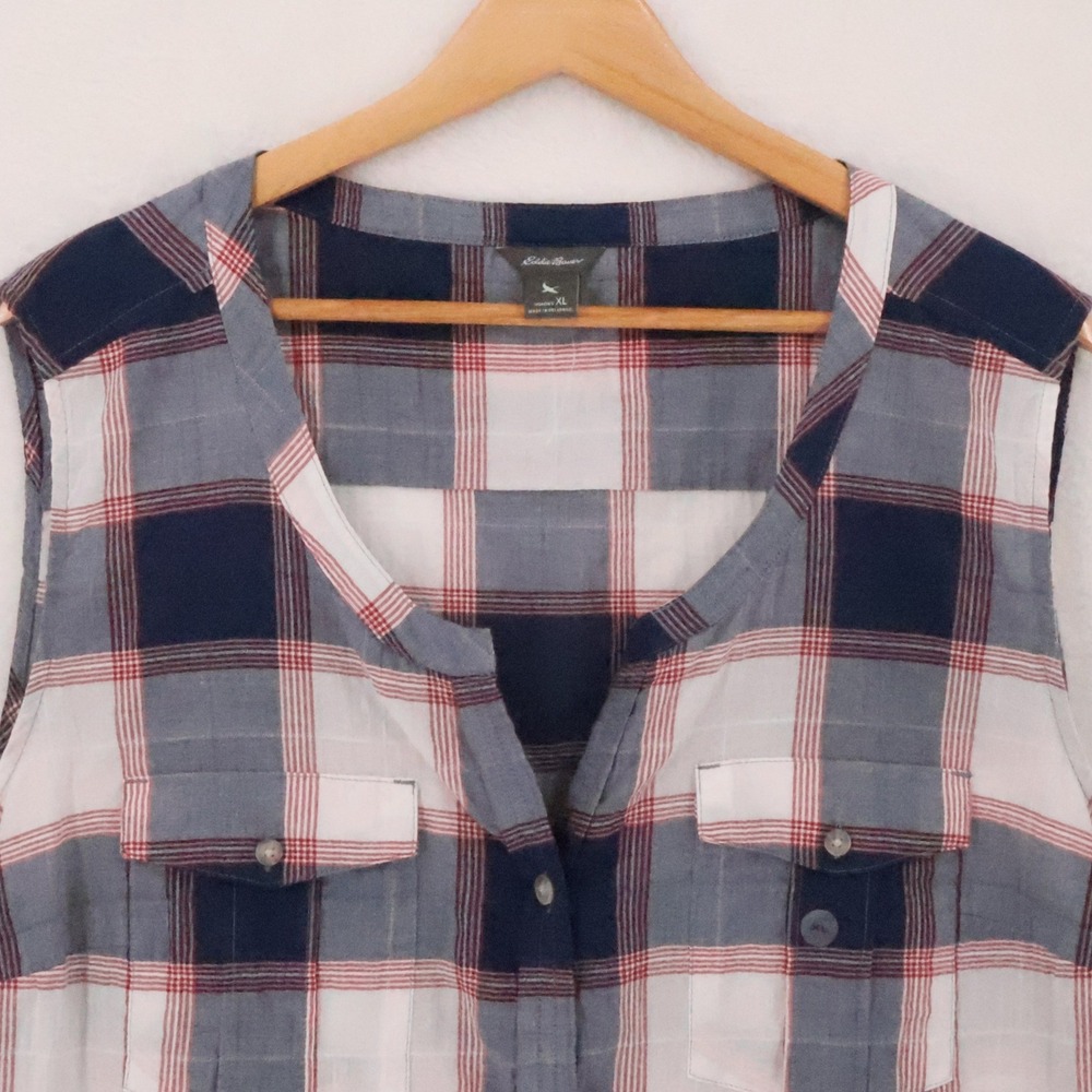 Eddie Bauer Plaid Sleeveless Button Down Shirt Womens Size XL Blue Red Western - Picture 9 of 11